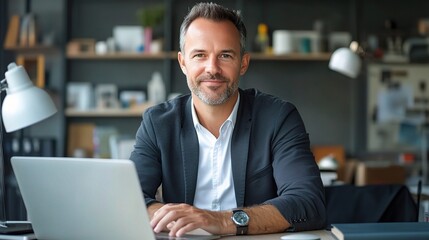 Fototapeta premium Confident Businessman Sitting at Desk with Laptop in Modern Office Setting, Exuding Professionalism and Focus