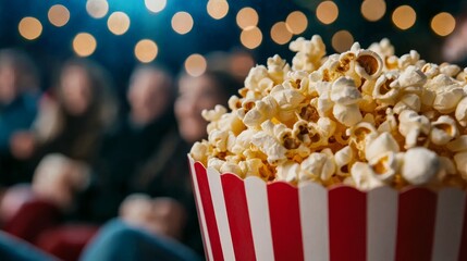 A close-up of a bucket of popcorn in front of a blurred background of a movie theater audience.