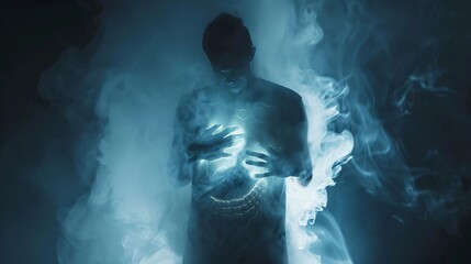 Fototapeta premium Mysterious silhouette emerging from a hazy dramatic environment filled with thick smoke and dense fog creating an eerie surreal and obscured atmosphere