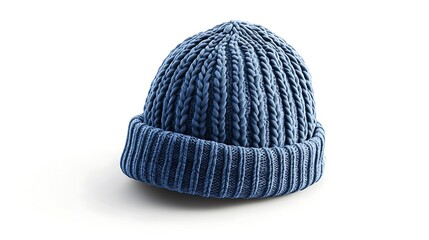 Blue Knitted Beanie Hat on White Background