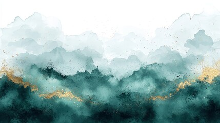 A watercolor abstract design featuring soft clouds and a blend of teal and gold tones.
