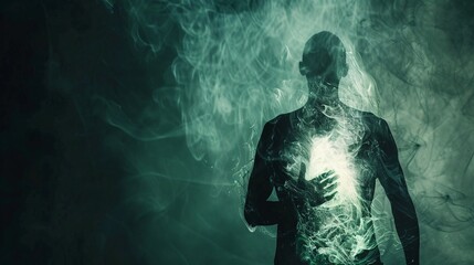 Fototapeta premium Striking silhouette figure emerging from a shroud of mystical smoky mist radiating an aura of supernatural energy and spiritual power This captivating