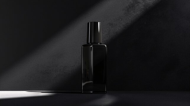 Dramatic and moody image depicting a black glass perfume bottle shrouded in dramatic light and shadow creating a sense of mystery sophistication and allure  The minimalist