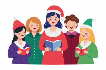 Group Christmas Caroling with Festive Hats and Smiling Faces