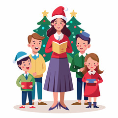 Group Christmas Caroling with Festive Hats and Smiling Faces