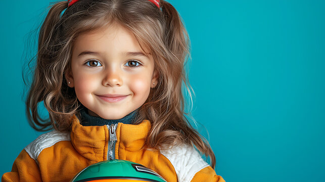 Little girl radiates joy in race car driver costume while holding a colorful helmet