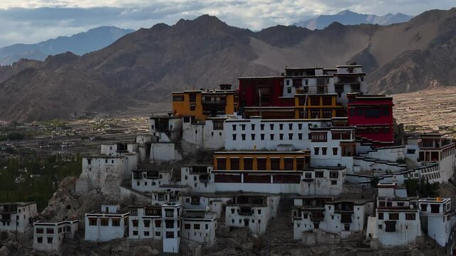 aerial drone shot, close up of thikshey monastery in ladakh.