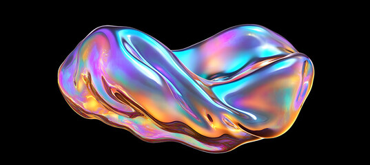 Obraz premium Bold holographic liquid blob shape isolated. Iridescent wavy melted substance on black background