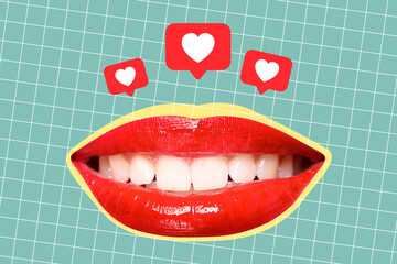 Collage of the mouth smiling with likes, artwork, illustration, social media reactions, red lips