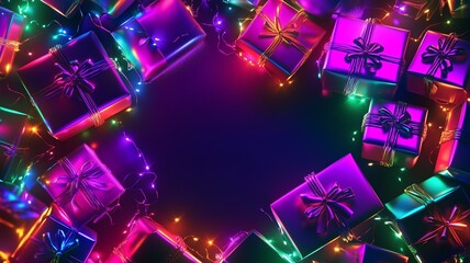 Vibrant Christmas gifts in metallic wrapping paper with glowing neon ultraviolet lights on dark background with copy space.