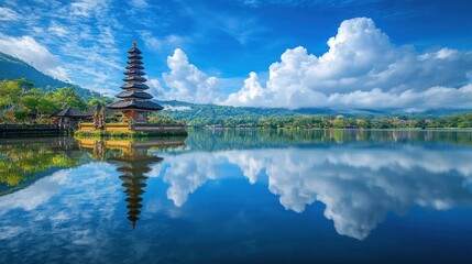 Serene Temple Reflection in Lake Bratan, Bali