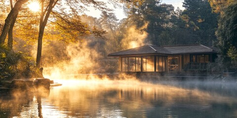 Obraz premium A serene morning scene by the water. Soft sunlight bathes a peaceful cabin surrounded by trees. Mist lingers over the calm water surface. Perfect for relaxation and nature lovers. AI