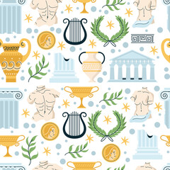 Seamless pattern with ancient Greek symbols and artifacts columns, amphorae, busts, laurel wreaths, lyre. Flat vector illustration isolated on background. Greek culture and history architecture