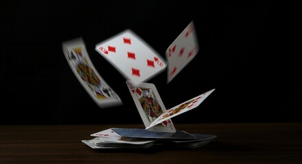Dynamic playing cards toss captured in motion on dark background