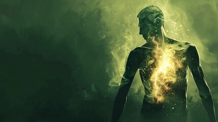 Fototapeta premium of a glowing ethereal figure surrounded by swirling smoky energy and a dark mysterious green environment conveying a sense of magical supernatural transformation and power