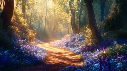 Obraz premium Sunlit Forest Path with Blue Flowers