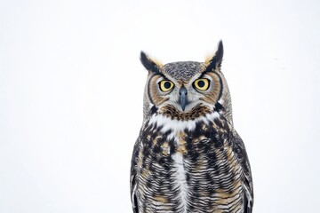 Obraz premium great horned owl on branch with half body on white