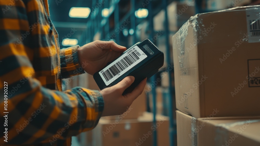 Poster worker scanning barcode on a shipping label with handheld scanner