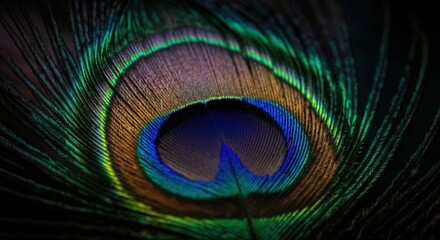Obraz premium Vibrant peacock feather close-up showcasing natural patterns