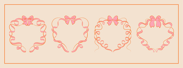 Set of hand drawn minimalist lace ribbons frame with bow knots. Vintage coquette Lolita style, heart shaped valentine frame. Perfect for poster, greeting cards, wedding invitations, branding, logo.