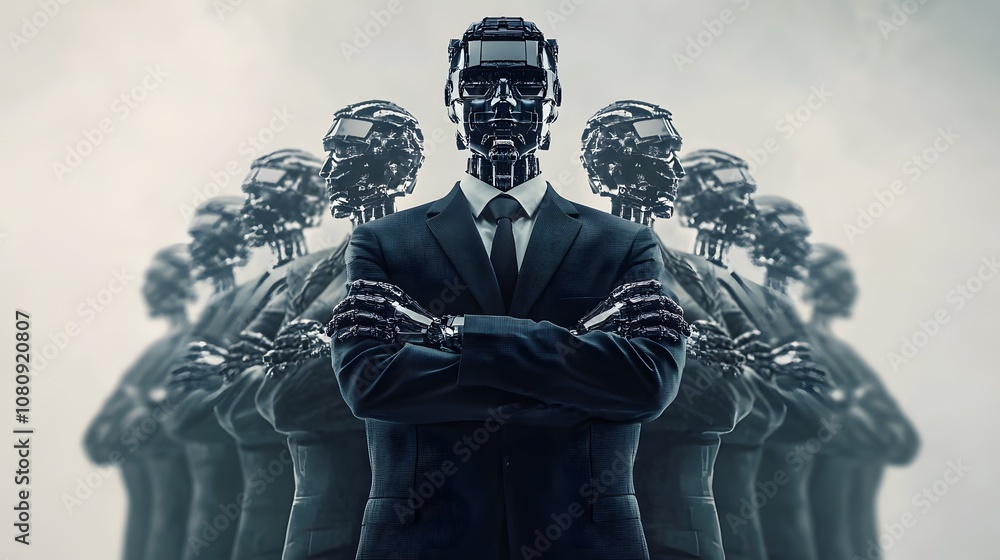 Poster futuristic business leaders: a group of robotic figures in suits reflecting the integration of techn