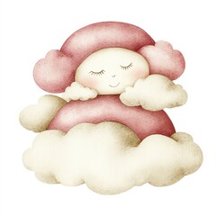 Fototapeta premium A whimsical illustration of a serene figure nestled in fluffy clouds, radiating calm and comfort, Ideal for children's book covers, nursery decor, or calming design projects,