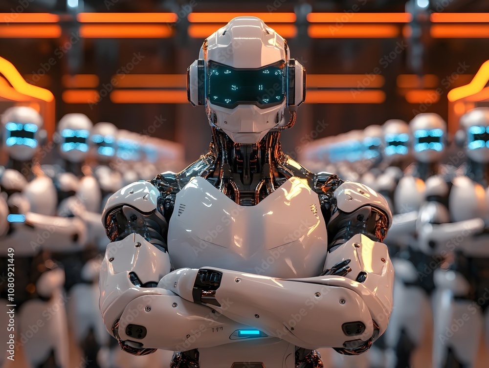 Leinwandbilder futuristic humanoid robots with sleek design and glowing elements standing in formation in a high-te