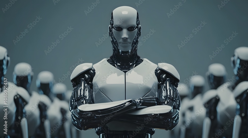 Poster futuristic humanoid robot standing confidently in front of a lineup of identical robotic figures, sh