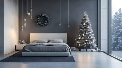 A modern bedroom decorated with a minimalist Christmas theme.