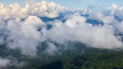 Stunning aerial view of lush green mountains blanketed by a sea of clouds. The serene landscape creates a breathtaking atmosphere, perfect for nature lovers and adventurers.