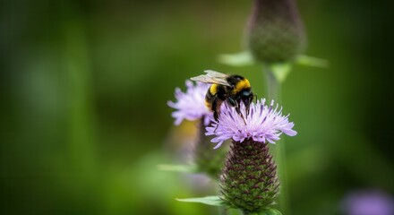 Serene bumblebee pollinating purple wildflower in nature