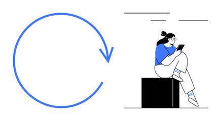 Woman with tablet sitting on a block, large circular arrow pointing clockwise. Ideal for concepts of technology, progress, continuity, learning, digital media, productivity innovation. Line metaphor