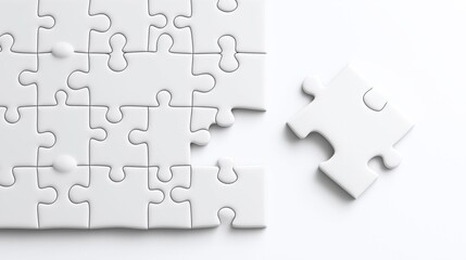 White jigsaw puzzle pieces with one piece separated on a plain background, showing an incomplete puzzle concept with interlocking parts.