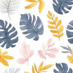 A vibrant pattern featuring various leaves in shades of blue, yellow, and pink against a white background, Ideal for use in wallpapers, textiles