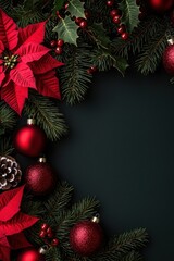 A festive arrangement of red poinsettias, pine branches, and ornaments, creating a cheerful holiday border on a dark background.