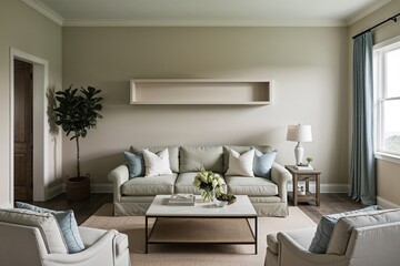 Obraz premium Aerial Perspective of a Tranquil Living Room Featuring Blank Wall Shelf and Cozy Couch