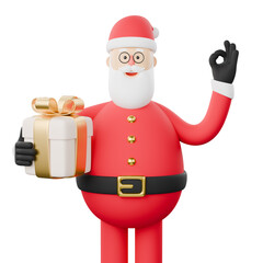 Potrait 3D cartoon character santa claus christmas with gift box and gesture okay. 3D santa claus character on white background.