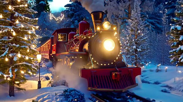 Christmas Train Journey Through a Snowy Forest at Night