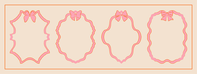 Set of hand drawn minimalist lace ribbons frame with bow knots. Vintage coquette Lolita style, valentine inspired. Perfect for poster, greeting cards, wedding invitations, branding, logo, tattoo.