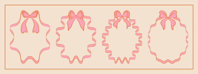 Set of hand drawn minimalist lace ribbons frame with bow knots. Vintage coquette Lolita style, valentine inspired. Perfect for poster, greeting cards, wedding invitations, branding, logo, tattoo.