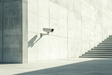 Minimalist urban scene with surveillance camera on concrete wall