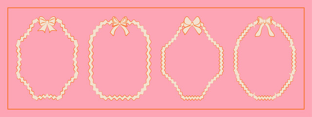 Set of hand drawn minimalist lace ribbons frame with bow knots. Vintage coquette Lolita style, valentine inspired. Perfect for poster, greeting cards, wedding invitations, branding, logo, tattoo.
