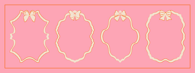 Set of hand drawn minimalist lace ribbons frame with bow knots. Vintage coquette Lolita style, valentine inspired. Perfect for poster, greeting cards, wedding invitations, branding, logo, tattoo.