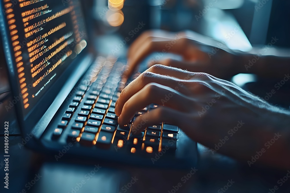 Poster hands typing code on a backlit laptop in a dimly lit workspace