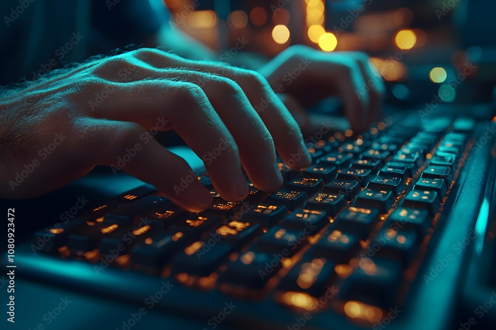 Poster hands typing on a backlit keyboard in a dimly lit workspace