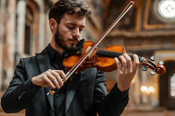 Violinist performing in an elegant concert hall during a recital