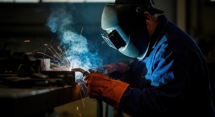 Welder at work in industrial setting with sparks flying