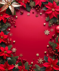 Christmas wreath decorated with poinsettias and red ornaments on red surface