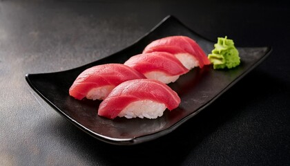 Clean Presentation of Maguro Nigiri Sushi with Fresh Tuna and Wasabi, Captured on a Sleek Black Plate for a Bold and Modern Look