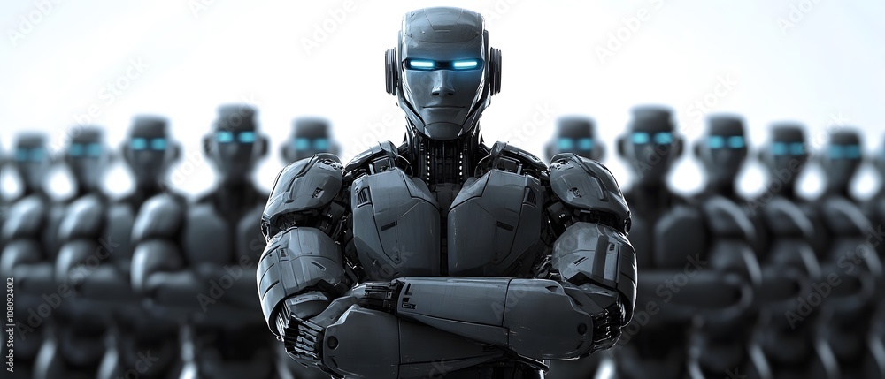 Aufkleber futuristic robotic figures standing in formation, showcasing advanced technology and design with glo